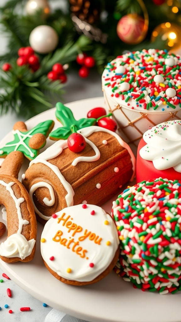 A festive assortment of Christmas desserts including gingerbread cookies, yule log, and decorated cake on a holiday-themed table.
